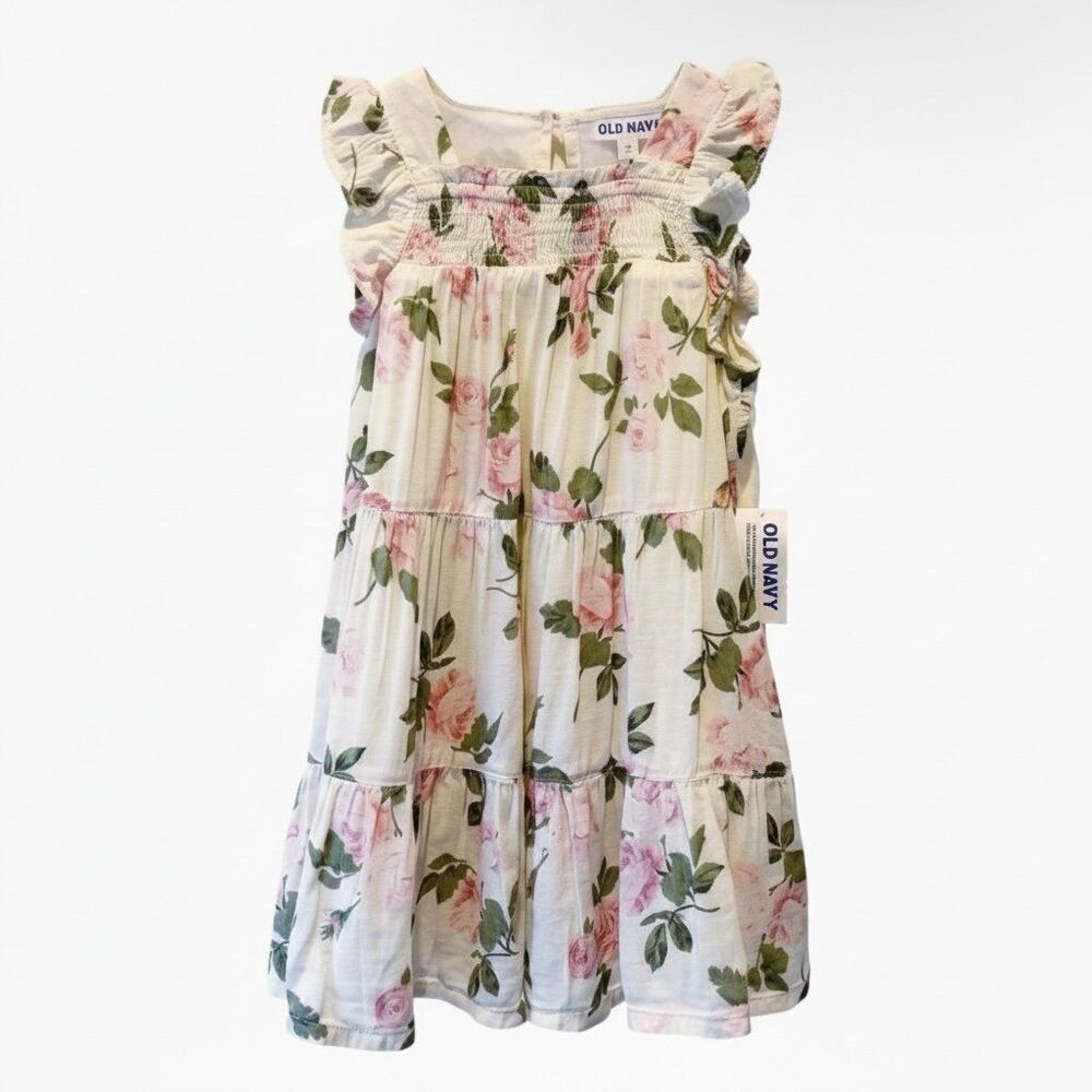Old Navy Girls 3T Floral Dress NWT Toddler Pink Rose Smocked Ruffle Tiered